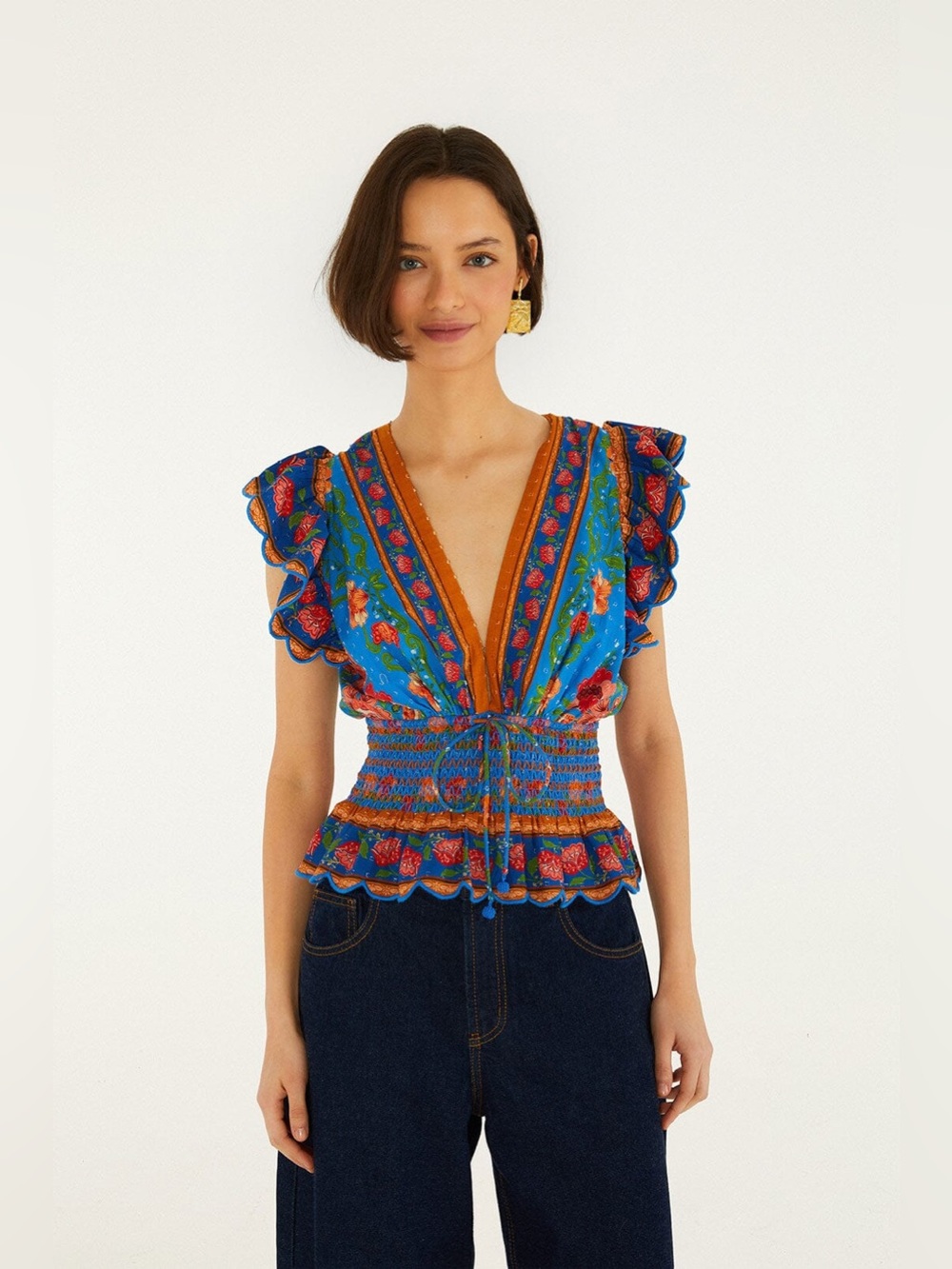 FARM RIO Bright Blue Rococo Flowers Blouse